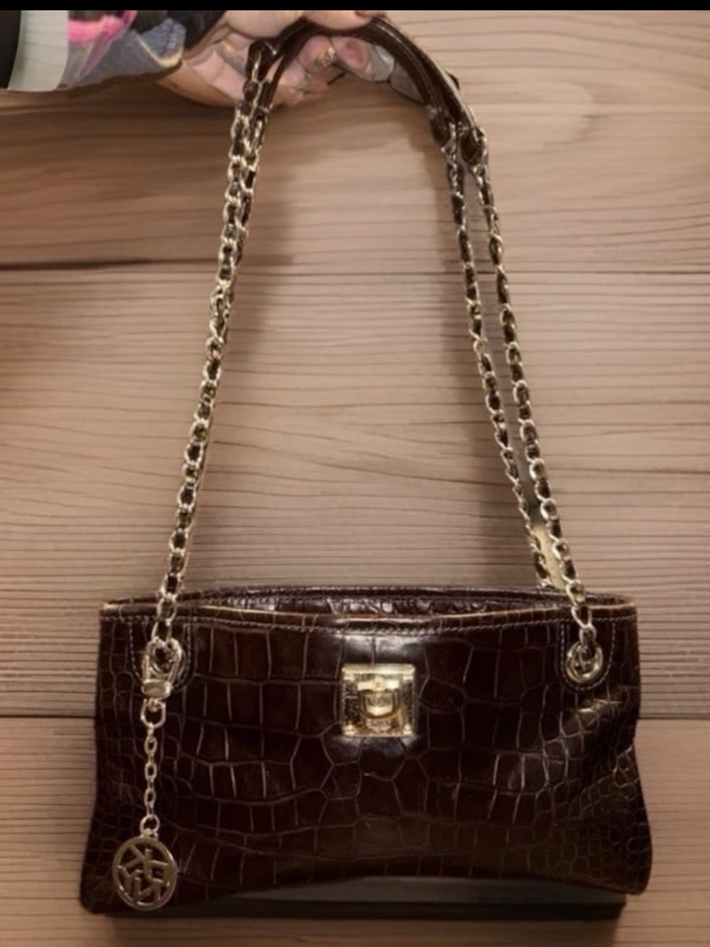 DKNY Burgundy Croc Embossed Leather Chain Shoulder Bag